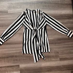 Women’s Black Stripe Tie Front Longline Blouse